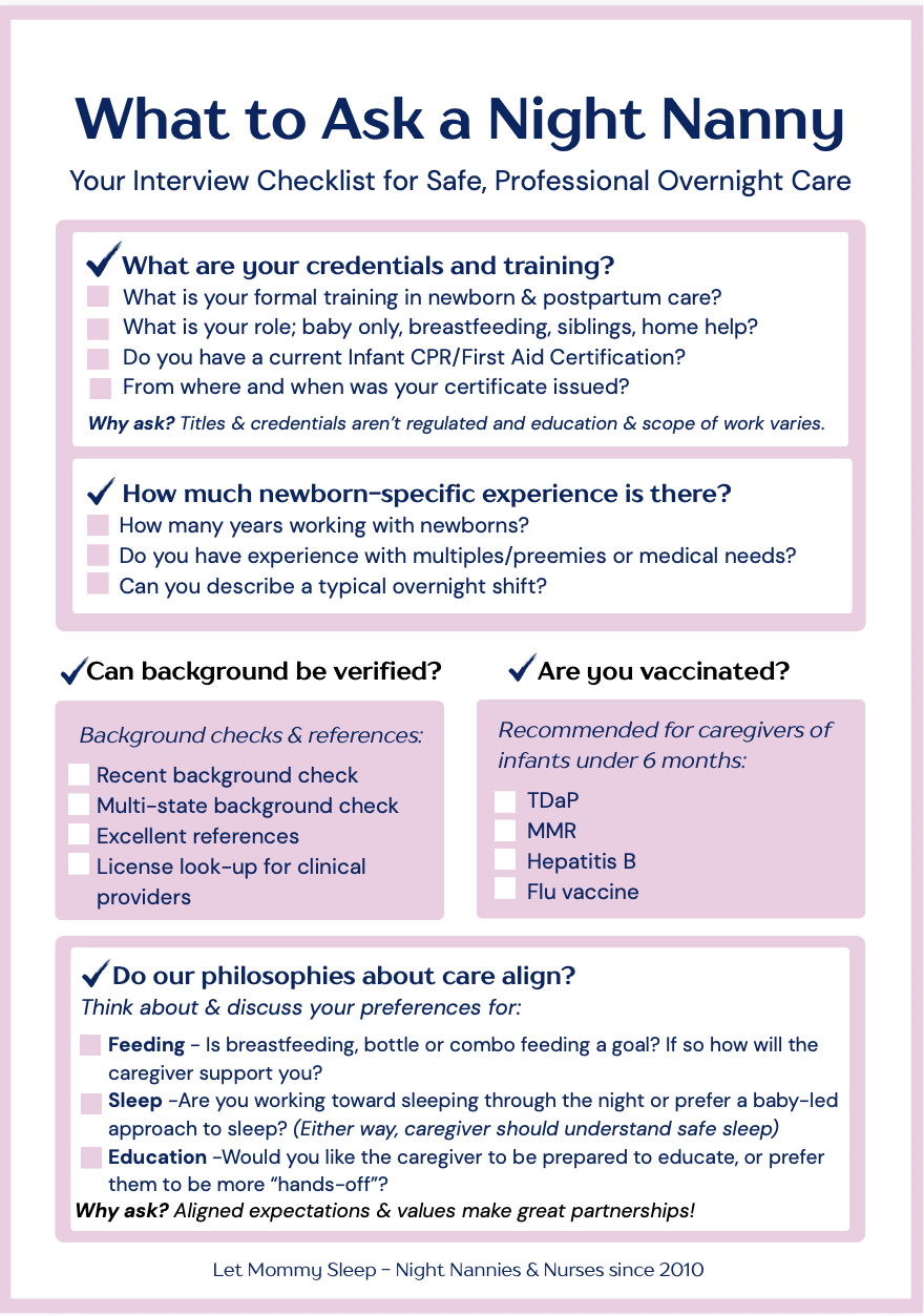 checklist of questions to ask a night nanny, postpartum doula or newborn care specialist